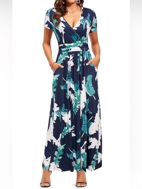 Ouges Women’s Floral Maxi Dress Size Small Blue Teal White V Neck Stretch Pocket